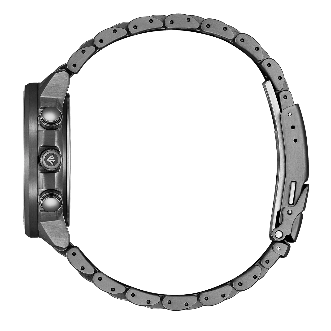 Nahaufnahme einer dunkelgrauen Uhr mit Metallband und Knöpfen an der Seite.