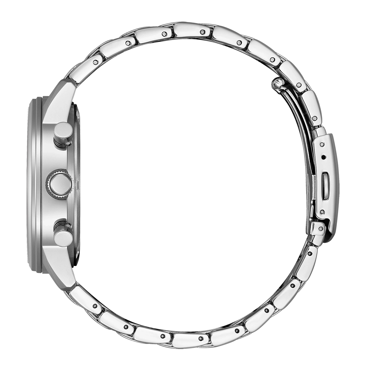Seitenansicht einer silbernen Uhr mit Metallarmband.