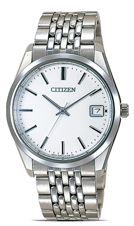 Citizen-Uhr mit weißem Zifferblatt, silbernem Armband und Datumsanzeige.