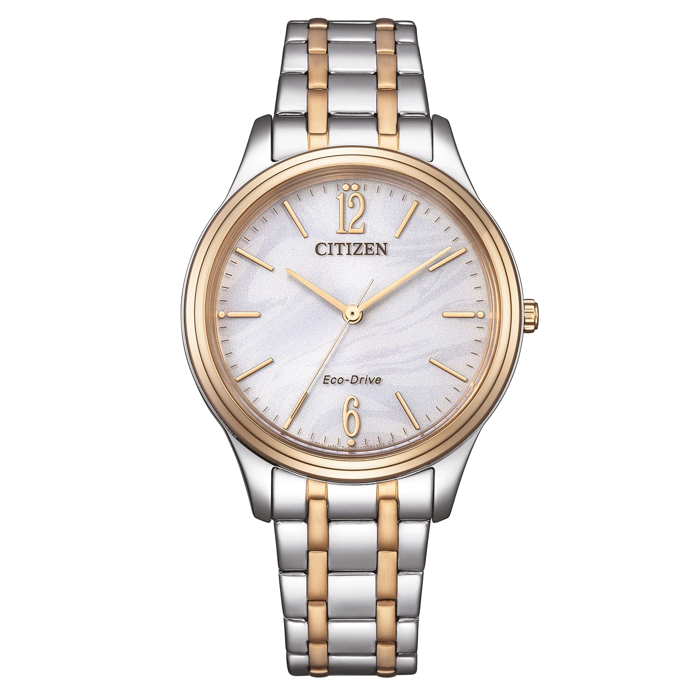 Citizen-Uhr mit gold-silbernem Armband, weißem Zifferblatt, elegantes Design