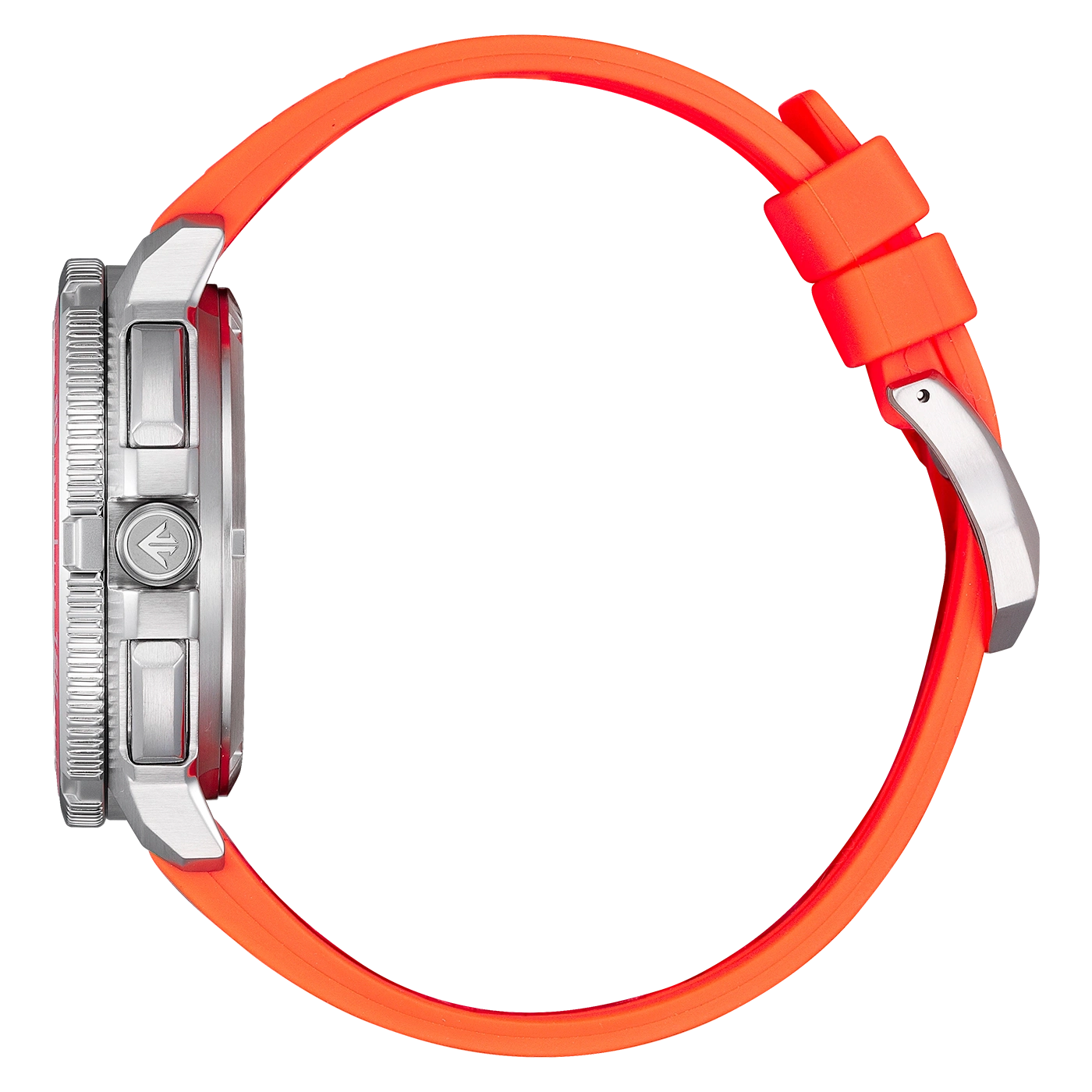 Seitenansicht einer modernen silbernen Uhr mit einem orangefarbenen Kautschukarmband.