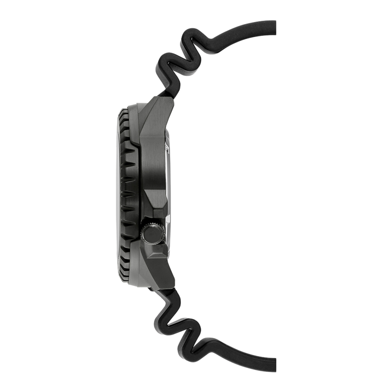 Schwarze Uhr mit einzigartigem wellenförmigen Armband, Seitenansicht, isoliert auf weißem Hintergrund.