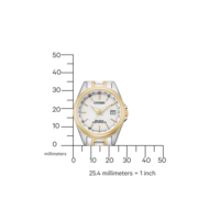 Citizen-Uhr mit Gold- und Silberakzenten, weißem Zifferblatt und Datumsanzeige.