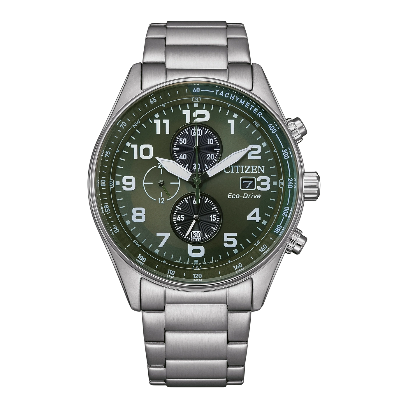 Citizen-Uhr mit grünem Zifferblatt, Tachymeter und Edelstahlarmband. Eco-Drive.