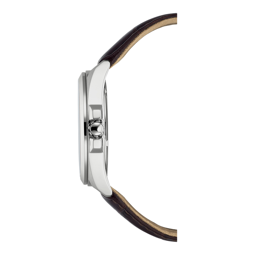 Seitenansicht einer silbernen Uhr mit braunem Lederarmband