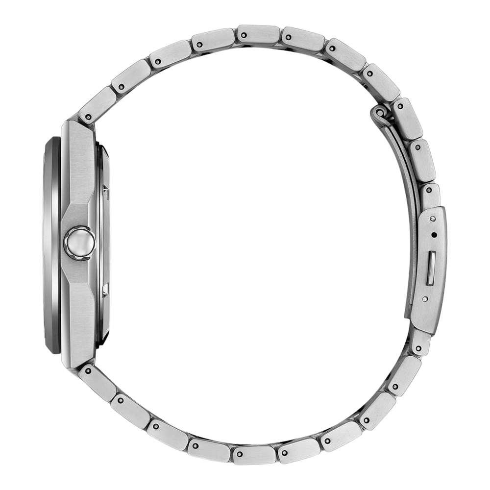 Silberne Uhr mit Metallarmband, Seitenansicht, modernes Design, elegantes Accessoire.