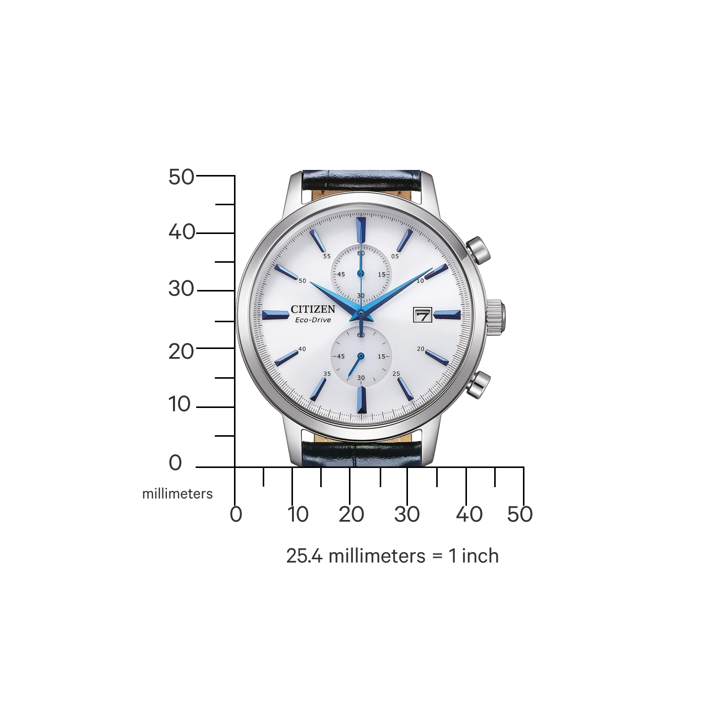 Citizen Eco-Drive Uhr mit weißem Zifferblatt, blauen Akzenten und Lederarmband.