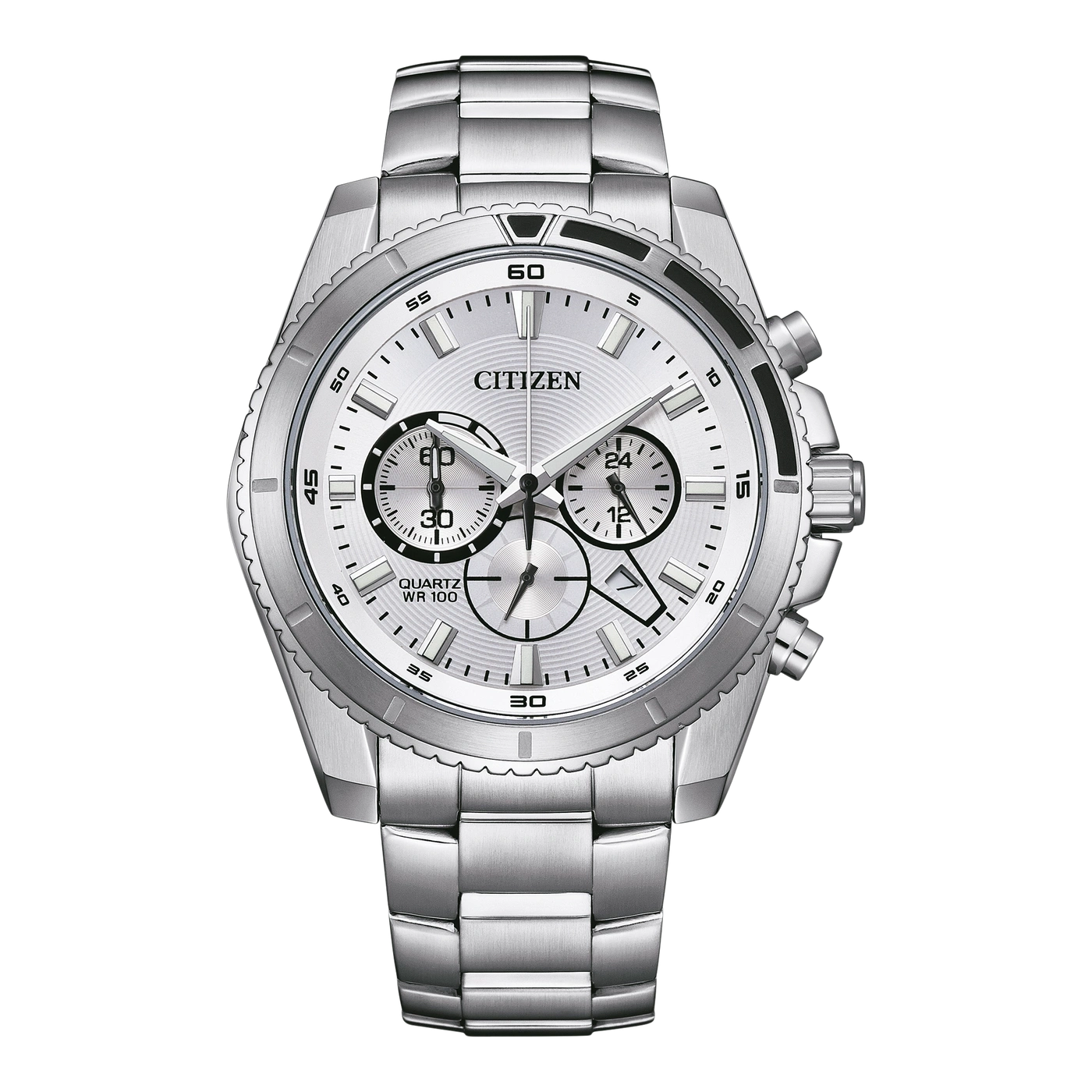 Silberne Citizen-Uhr mit weißem Zifferblatt, Chronograph und Edelstahlarmband.