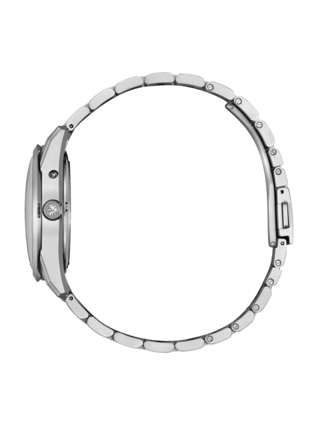 Seitenansicht einer silbernen Armbanduhr mit Metallband auf grünem Hintergrund