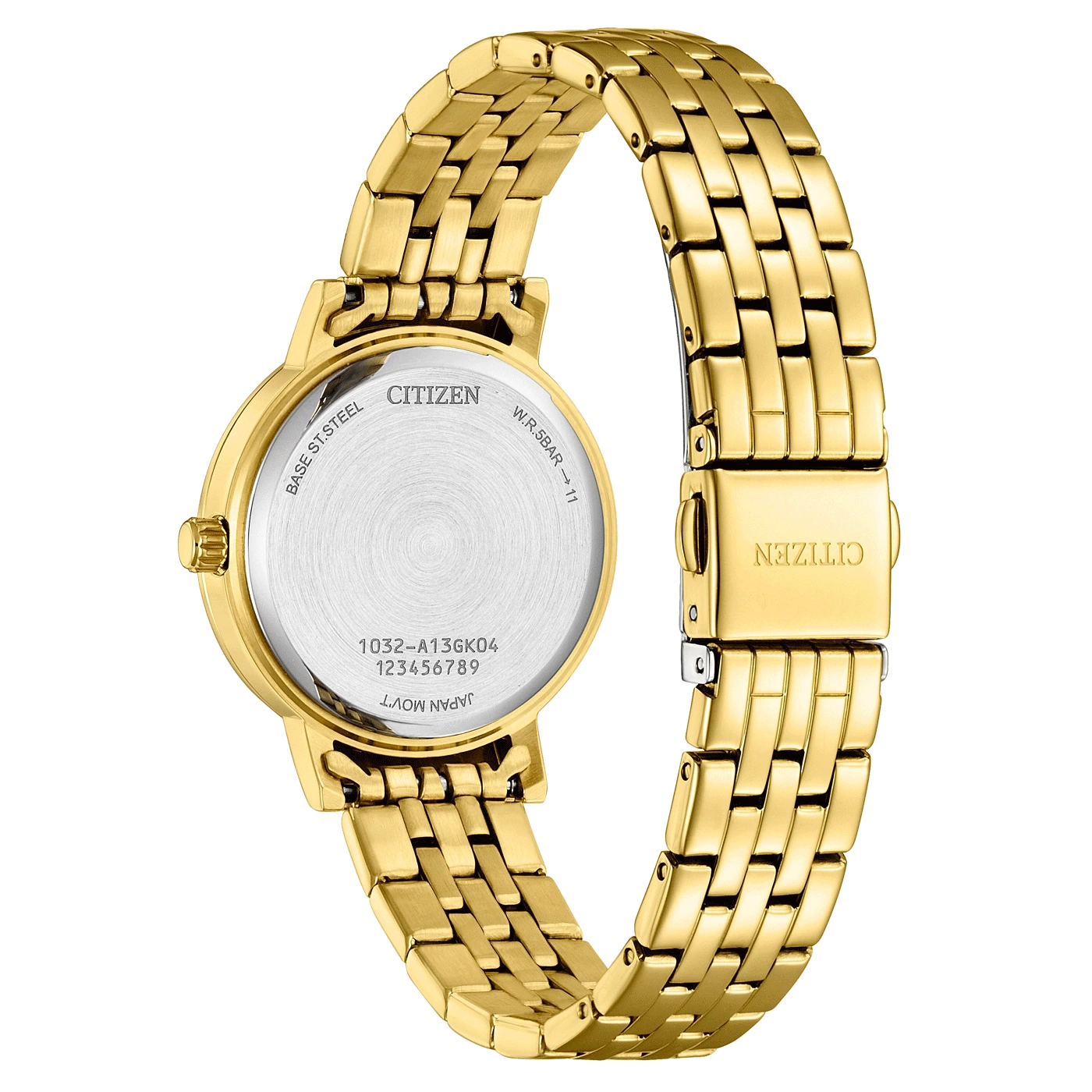 Goldene Citizen-Uhr, Rückansicht, mit Details des Zifferblatts und des Armbands.