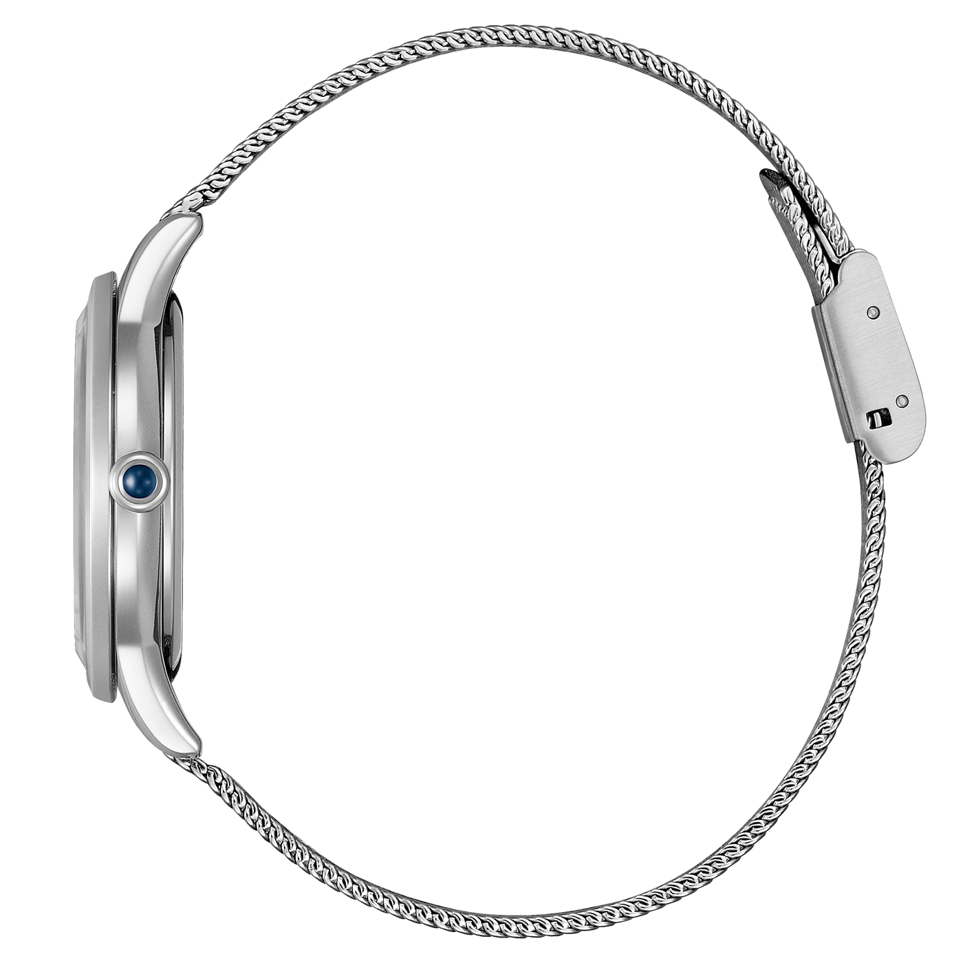 Silberne Uhr mit Mesh-Armband, Seitenansicht, elegantes Design, moderner Stil.