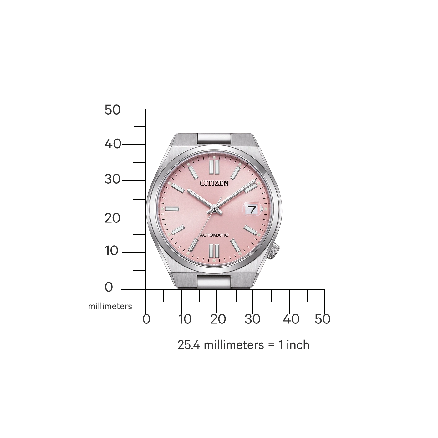 Citizen-Uhr mit rosa Zifferblatt, Automatik und Datumsanzeige, mit Lineal zur Größenbestimmung.