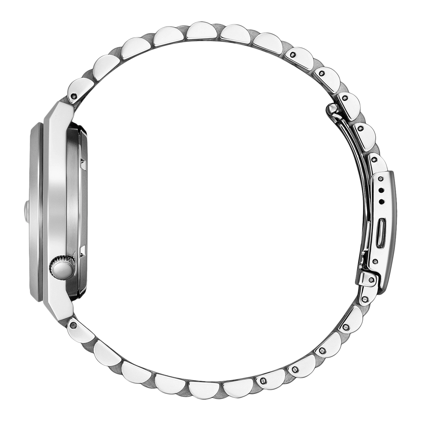 Seitenansicht einer silbernen Armbanduhr mit Metallband, elegantes Design.