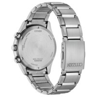 Rückseite einer silbernen Citizen Eco-Drive Uhr mit Text.