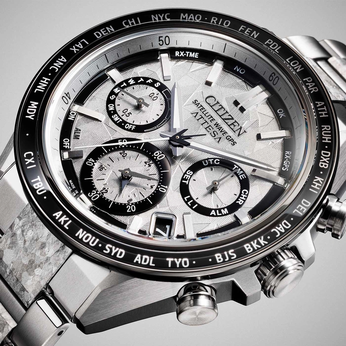 Nahaufnahme einer Citizen Eco-Drive Satellitenwellen-GPS-Uhr.