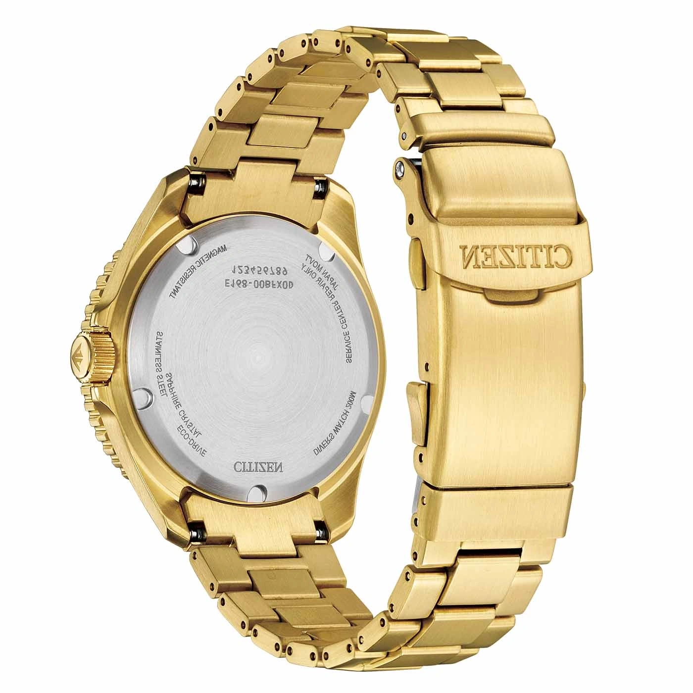 Goldene Citizen-Uhr, Rückansicht, mit Schließe und Details der Uhr.