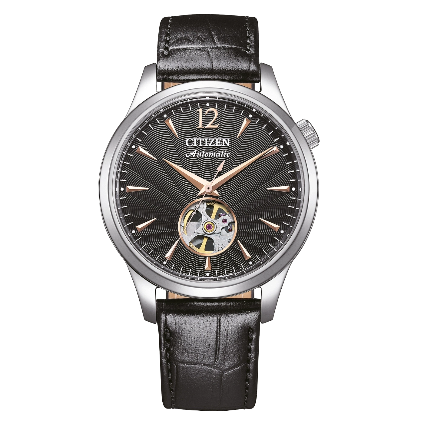 Citizen Automatik-Uhr mit schwarzem Lederarmband und Zifferblatt mit offenem Herzen