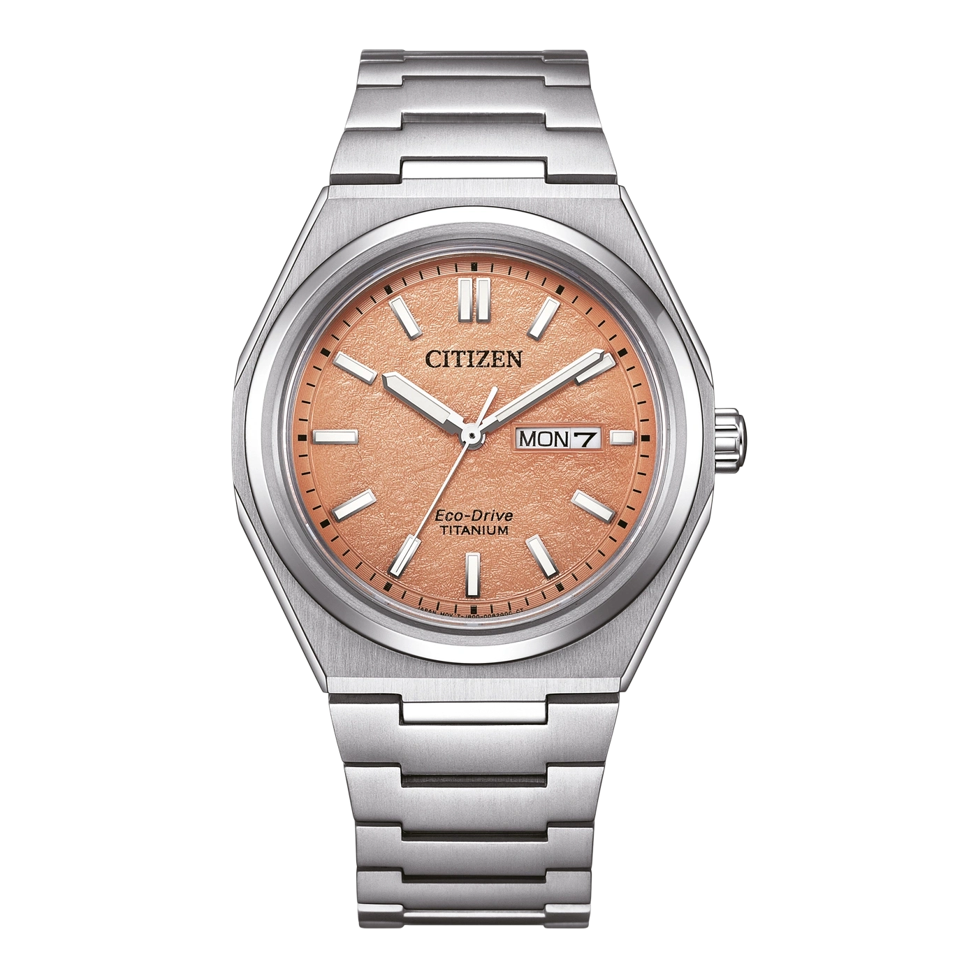Citizen-Uhr mit lachsfarbenem Zifferblatt und Titanarmband, Eco-Drive.