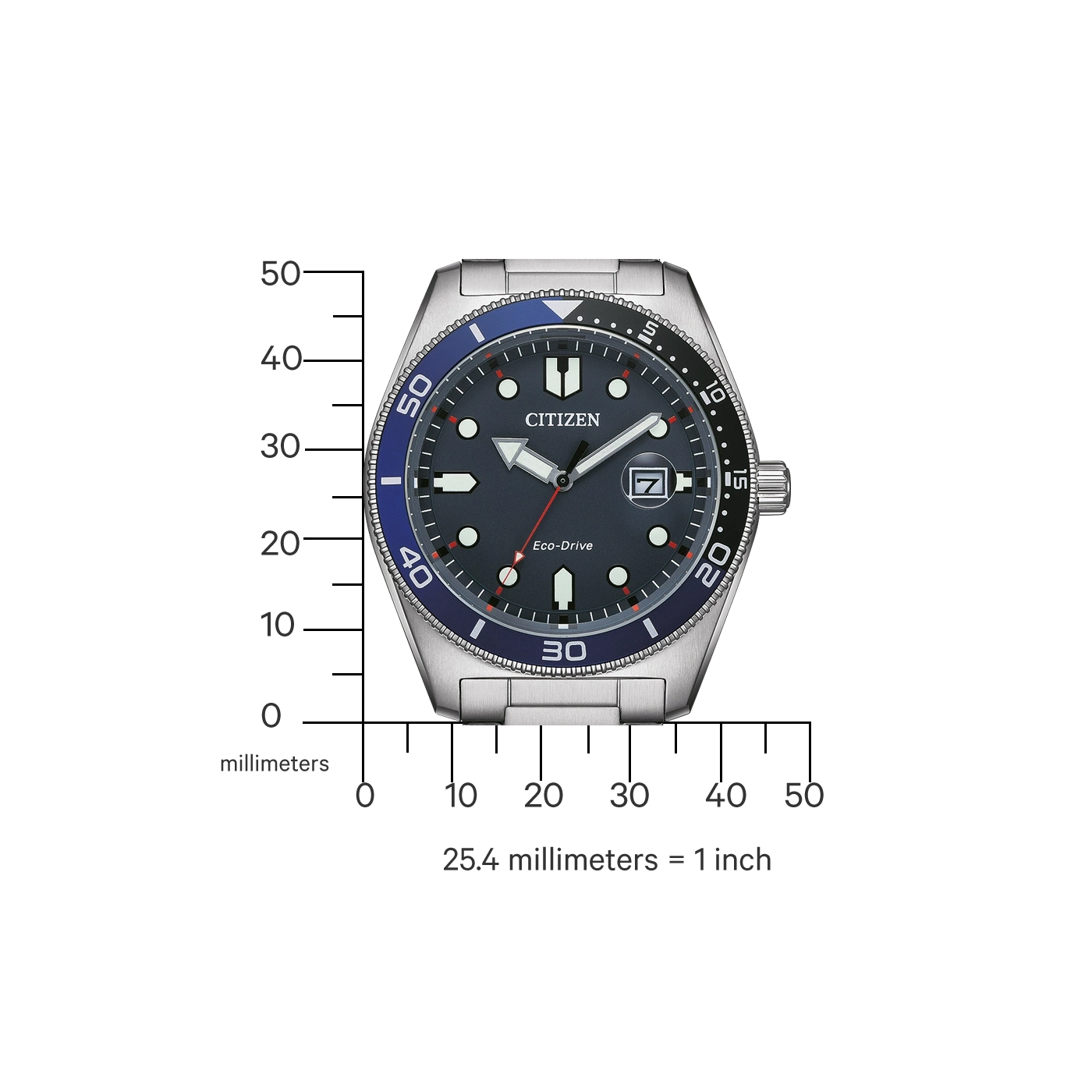 Citizen-Uhr mit blau-schwarzer Lünette, Eco-Drive und Datumsanzeige.