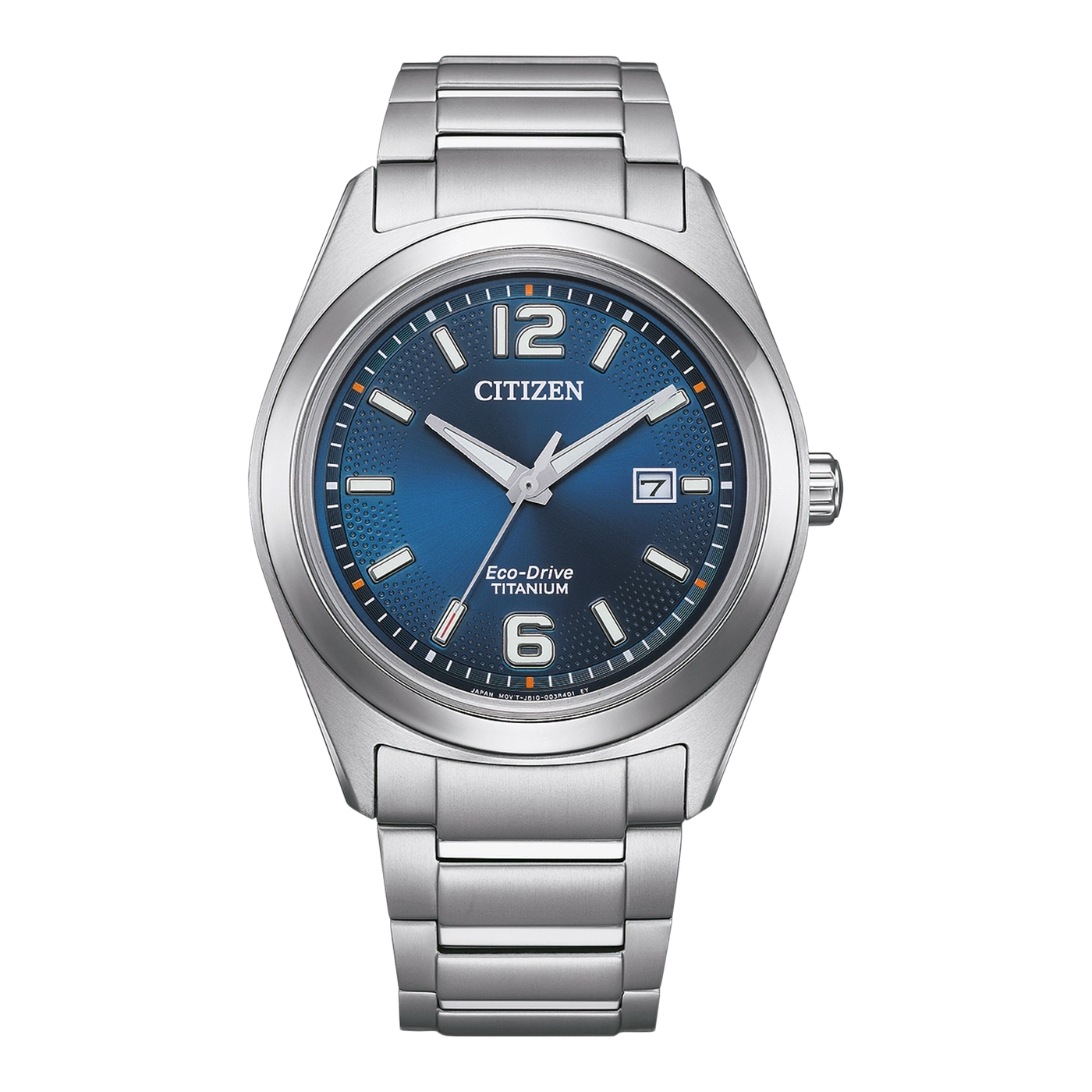 Citizen-Uhr mit blauem Zifferblatt, Titan, Eco-Drive, Datumsanzeige und silbernem Armband.