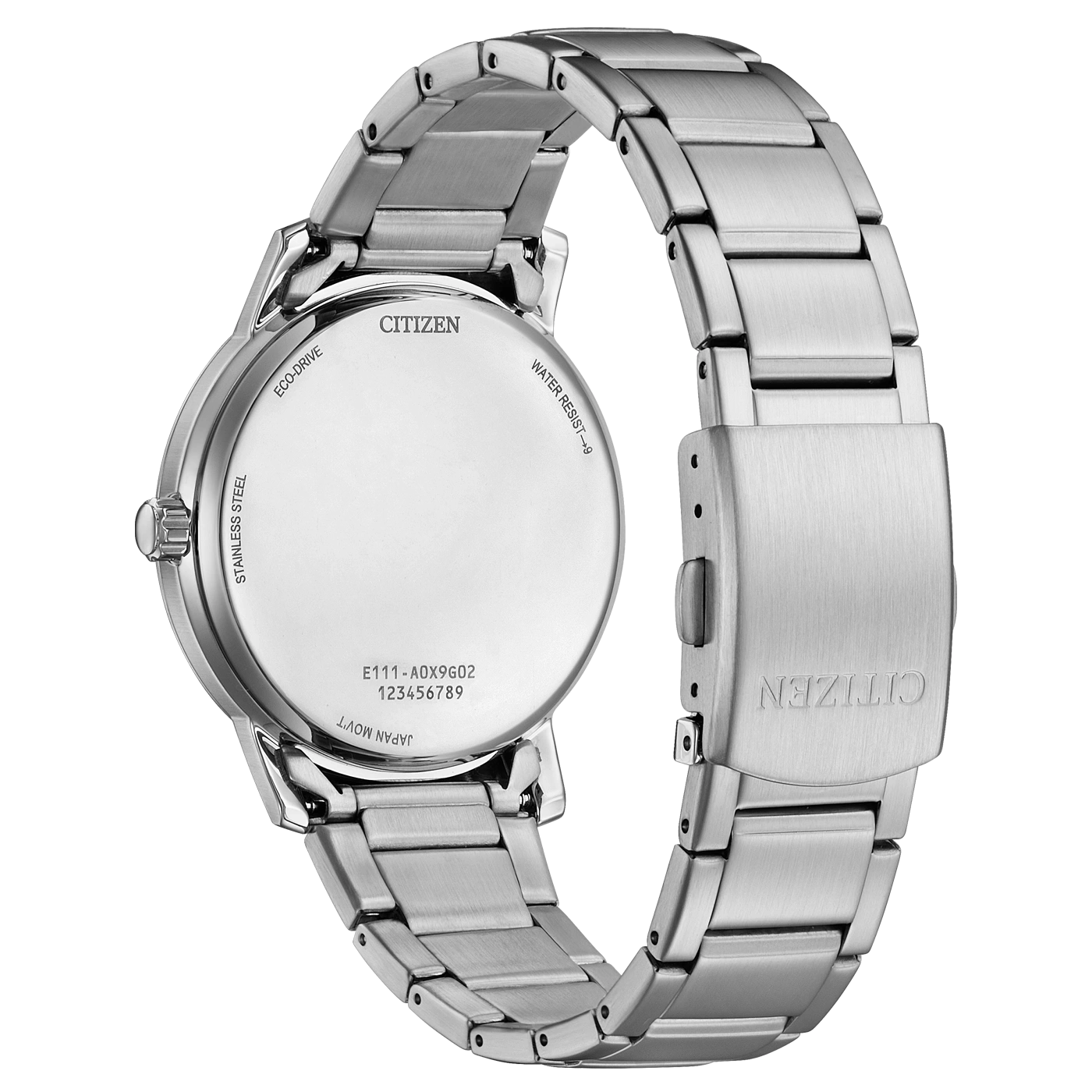 Citizen-Uhr, Rückseite, Edelstahl, Eco-Drive, wasserdicht, japanisches Uhrwerk, Modellnummer.