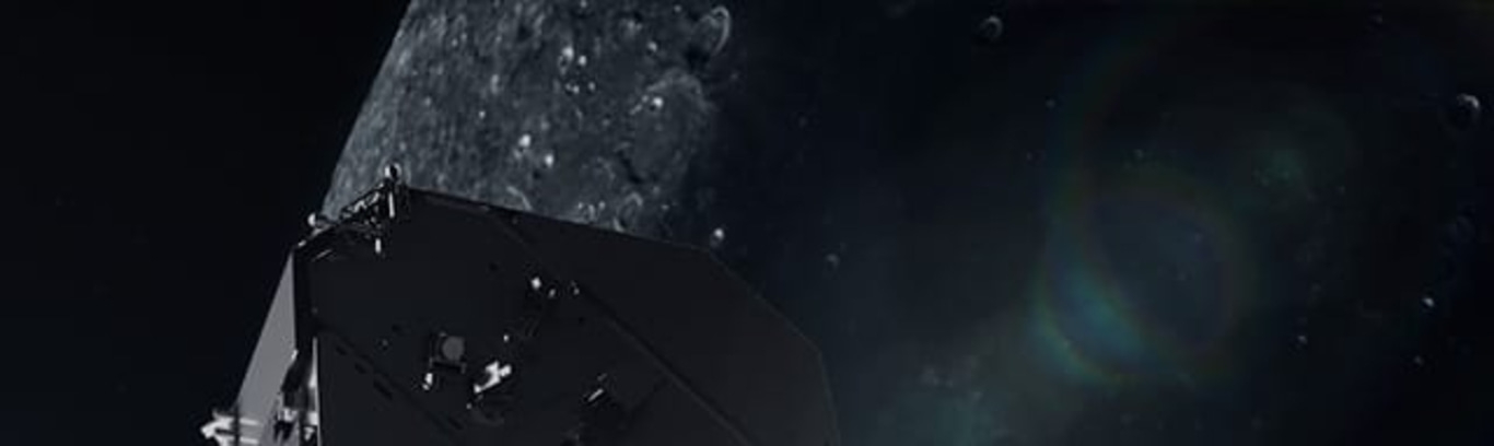 Raumschiff in der Nähe eines Asteroiden im Weltraum mit Sternen und dunklem Hintergrund