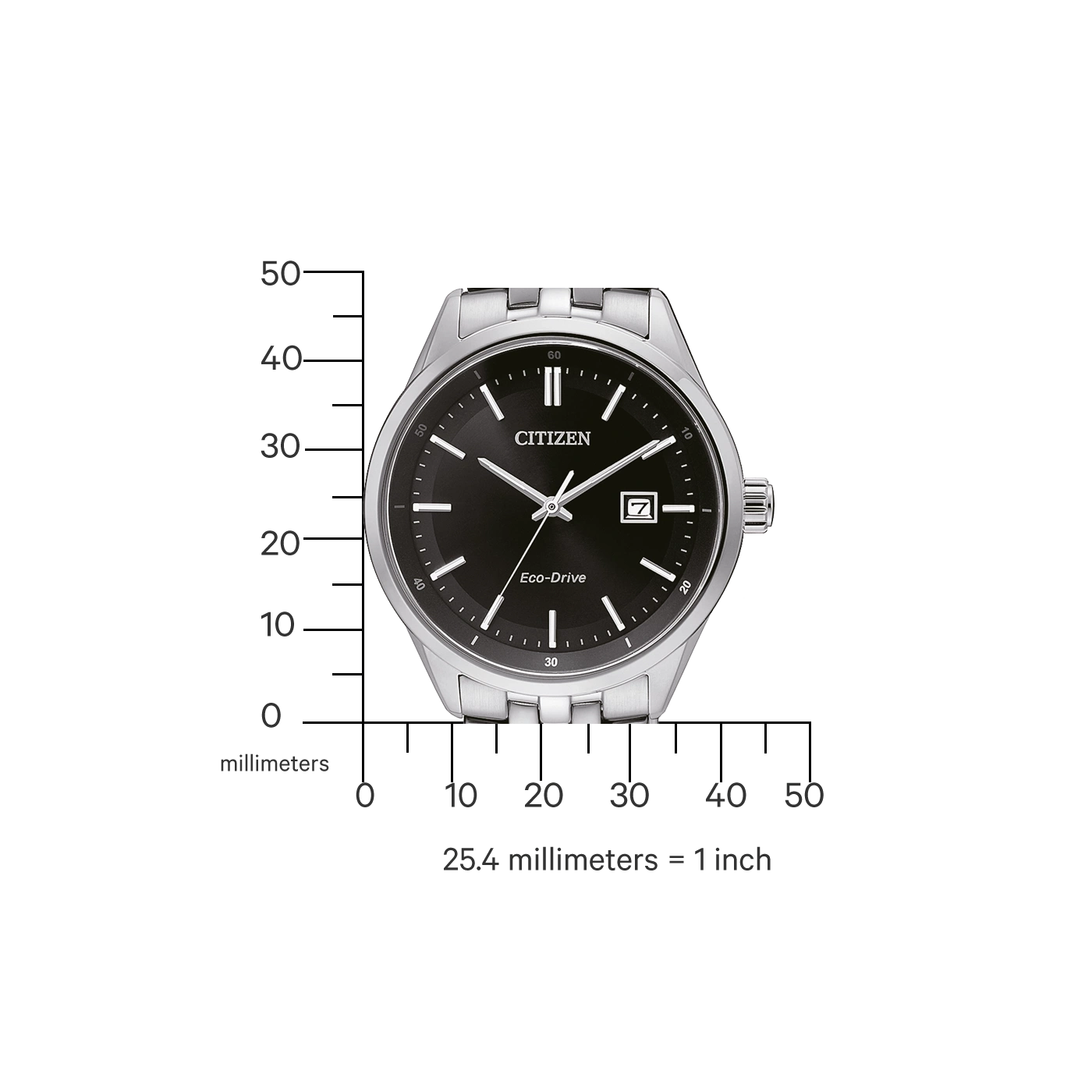 Citizen-Uhr mit schwarzem Zifferblatt, Eco-Drive und silbernem Armband. Maßstab.