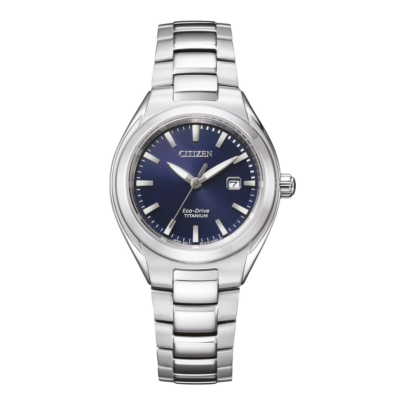 Citizen Eco-Drive Titanuhr mit blauem Zifferblatt und silbernem Armband.