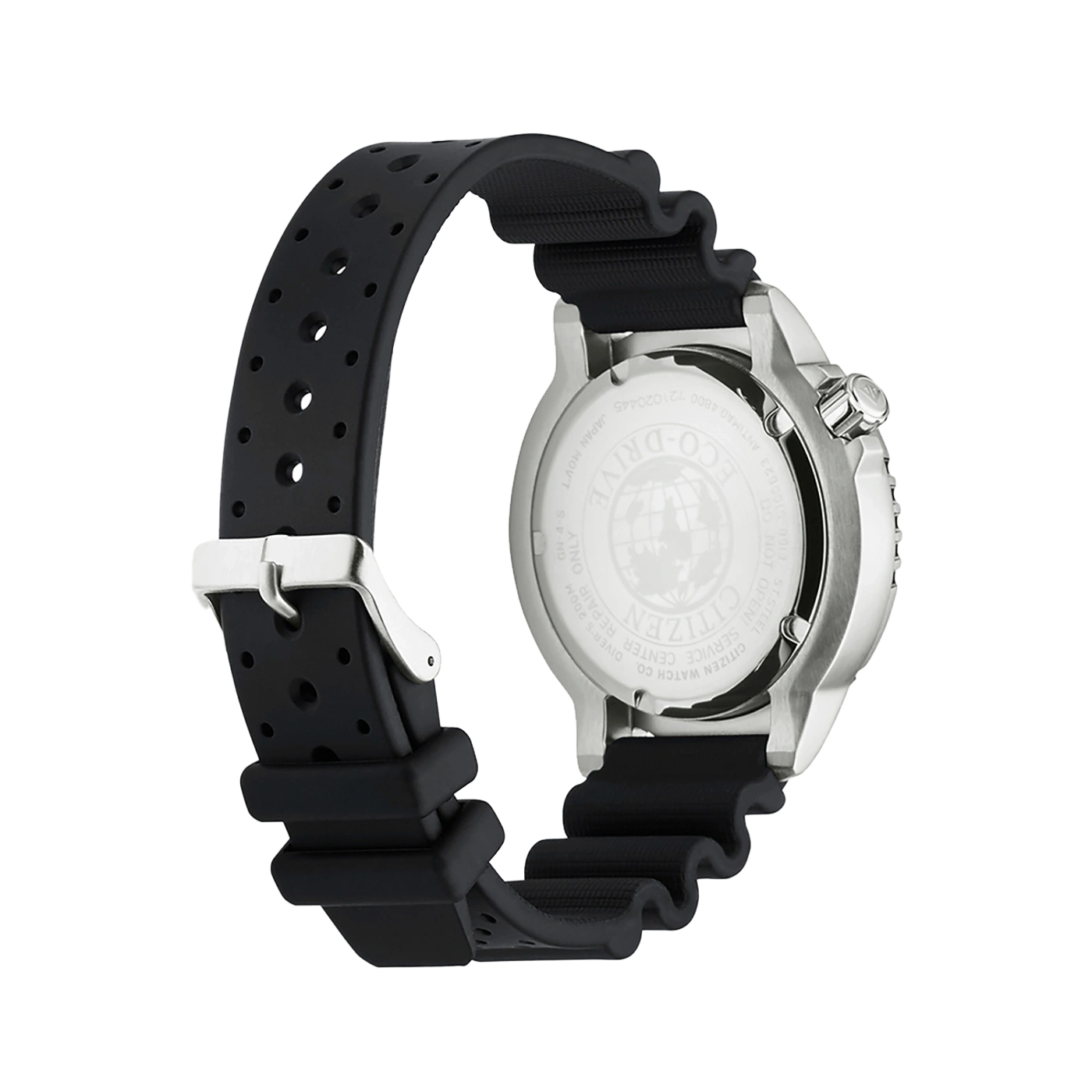 Citizen-Uhr mit schwarzem Armband, Rückansicht, Eco-Drive, Taucheruhr