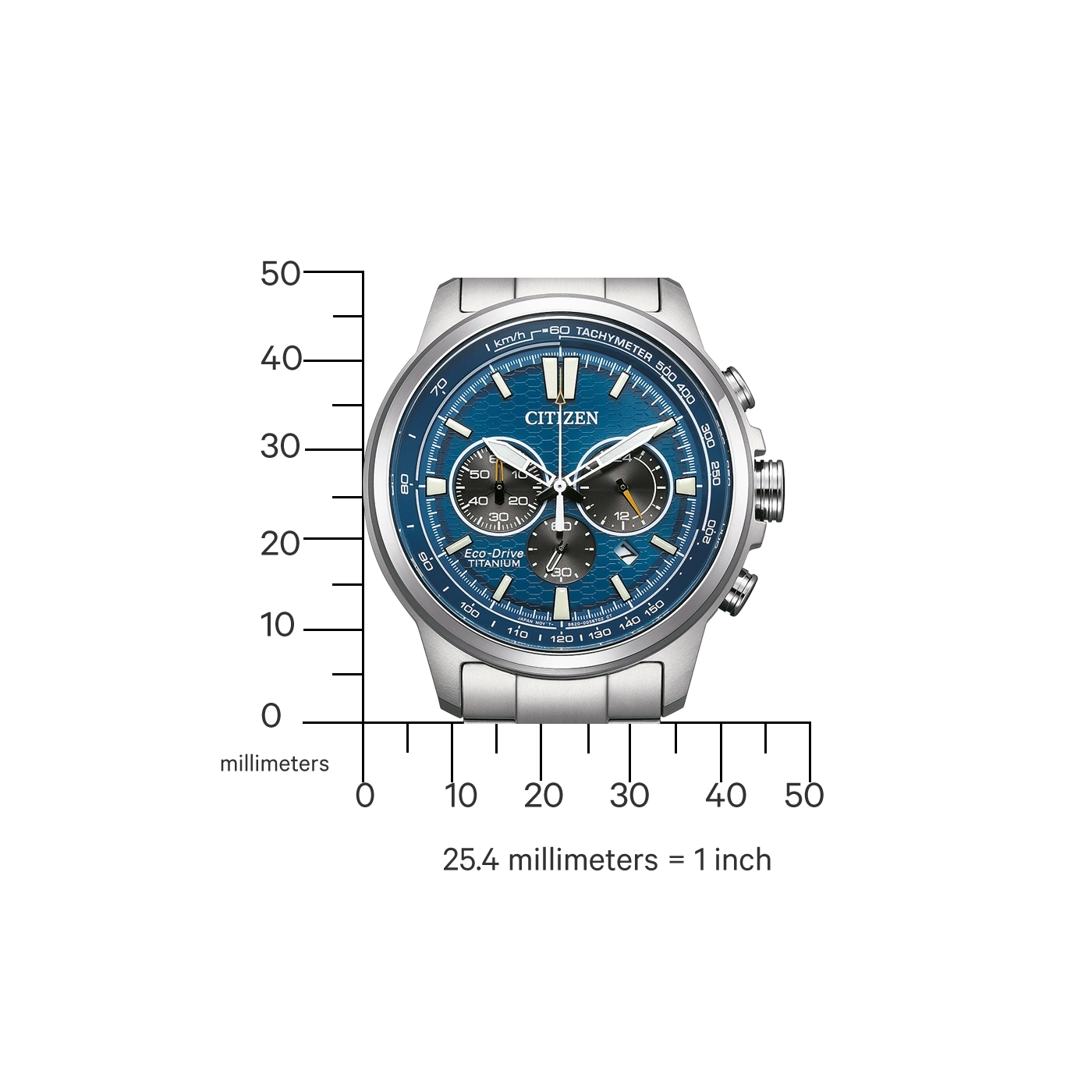 Citizen-Uhr mit blauem Zifferblatt, Tachymeter und Eco-Drive aus Titan.