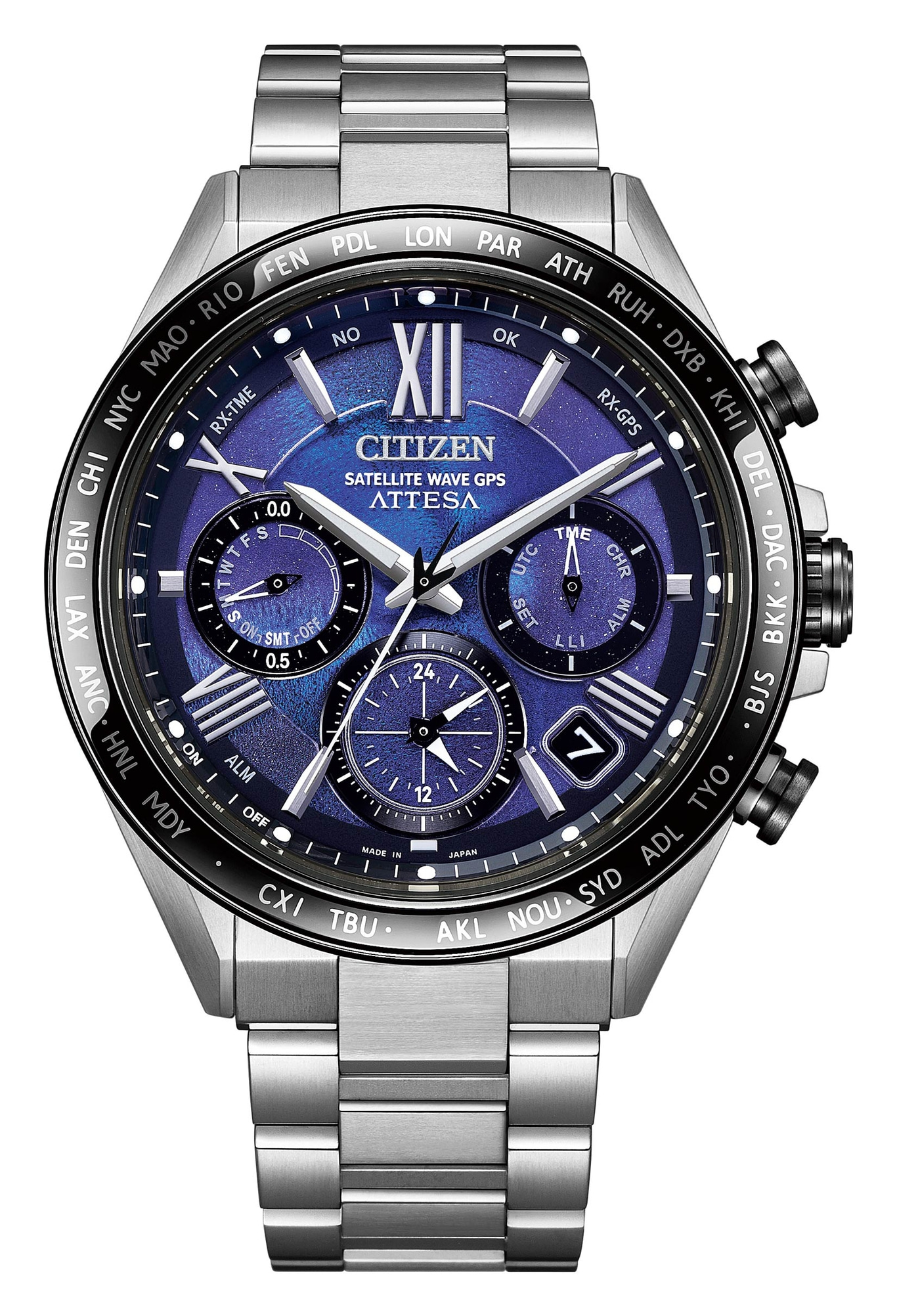 Citizen Attesa GPS-Uhr mit blauem Zifferblatt und Weltzeit-Lünette.