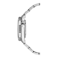 Seitenansicht einer silbernen Armbanduhr mit Metallband und schwarzem Zifferblatt.