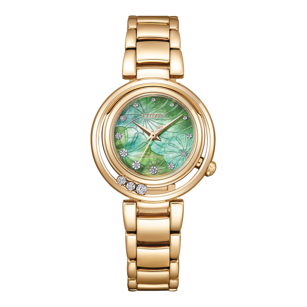 Goldene Citizen-Uhr mit grünem Zifferblatt und Diamantakzenten, elegantes Design.