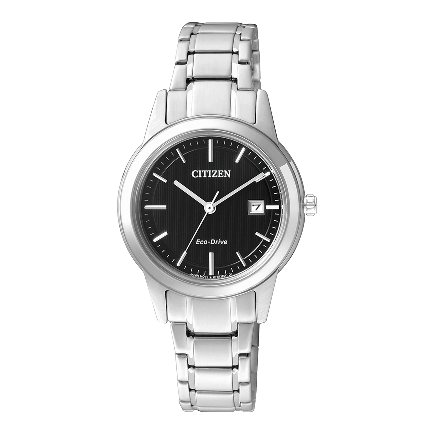 Citizen-Uhr mit schwarzem Zifferblatt und silbernem Armband, Eco-Drive-Technologie.