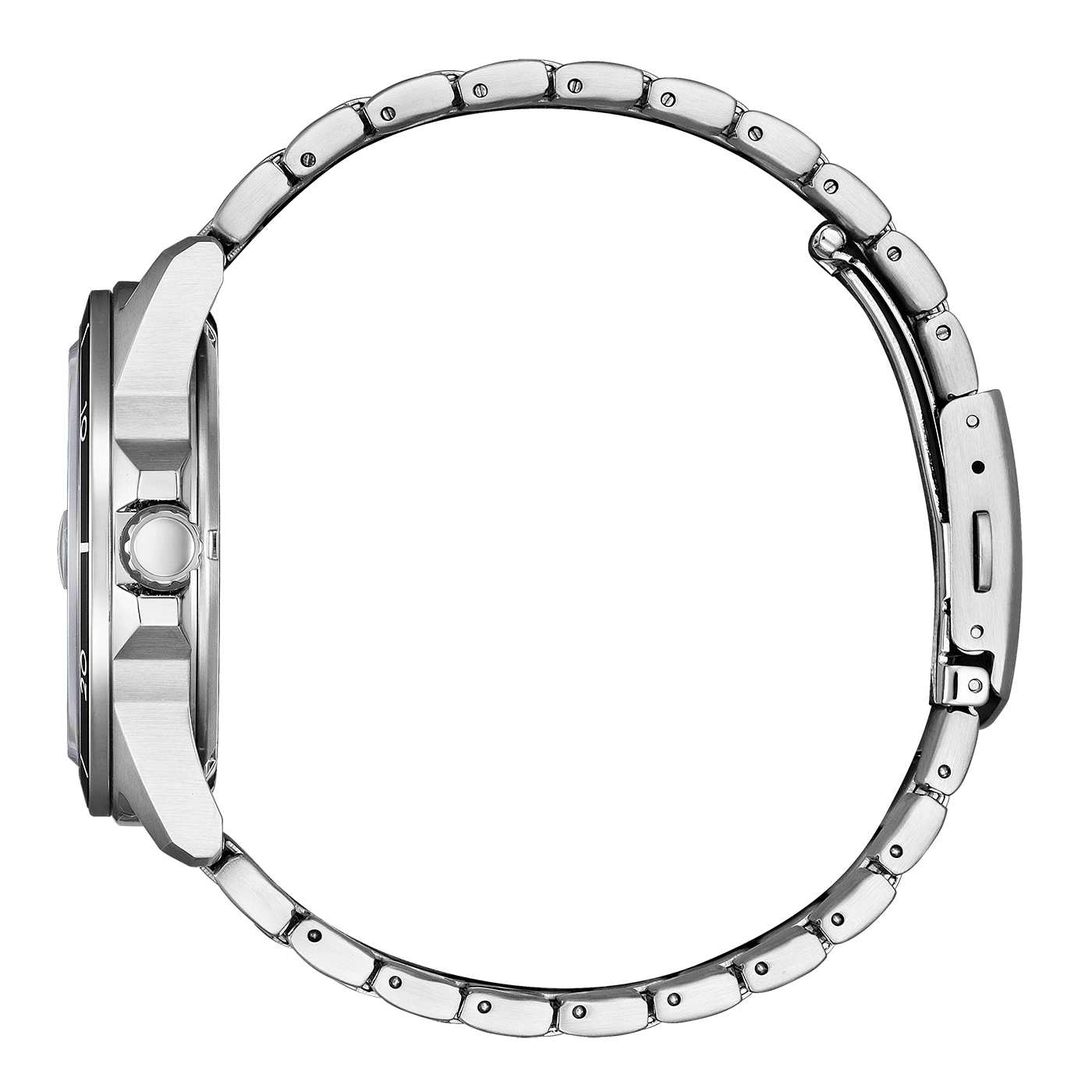Seitenansicht einer silbernen Armbanduhr mit Metallband, isoliert auf weißem Hintergrund.