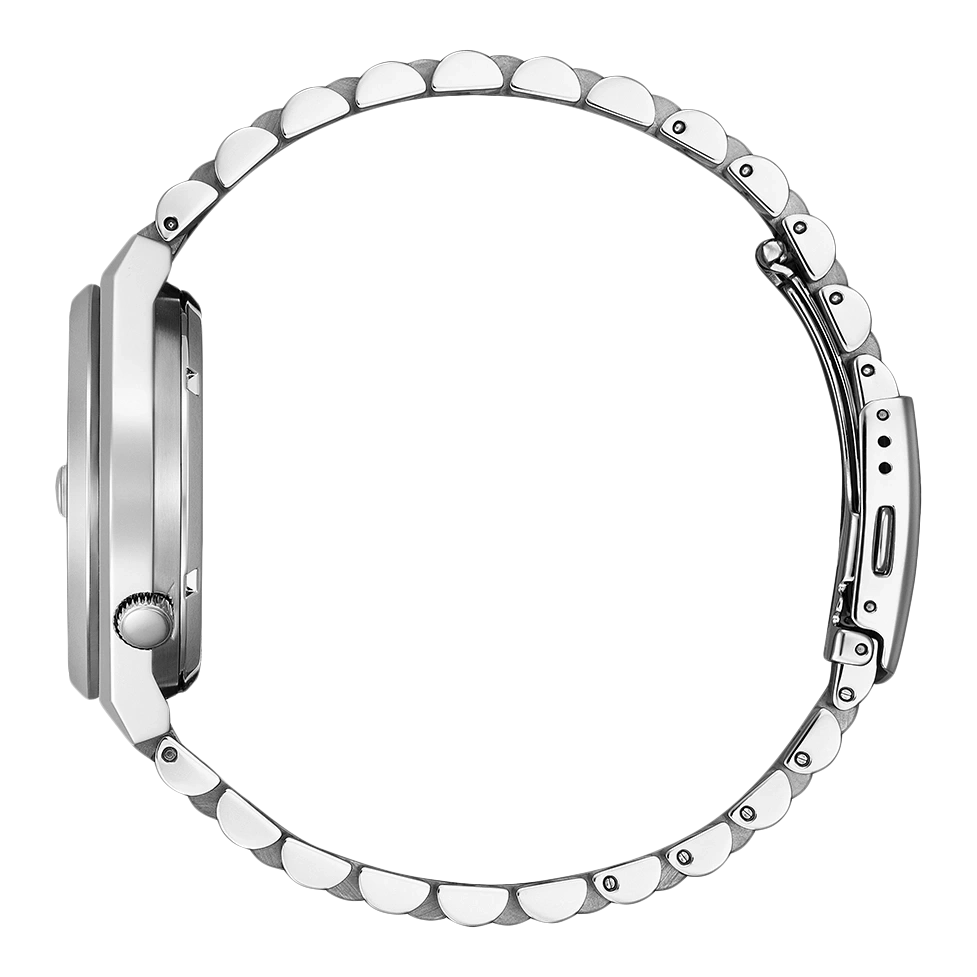 Seitenansicht einer silbernen Armbanduhr mit Metallarmband.