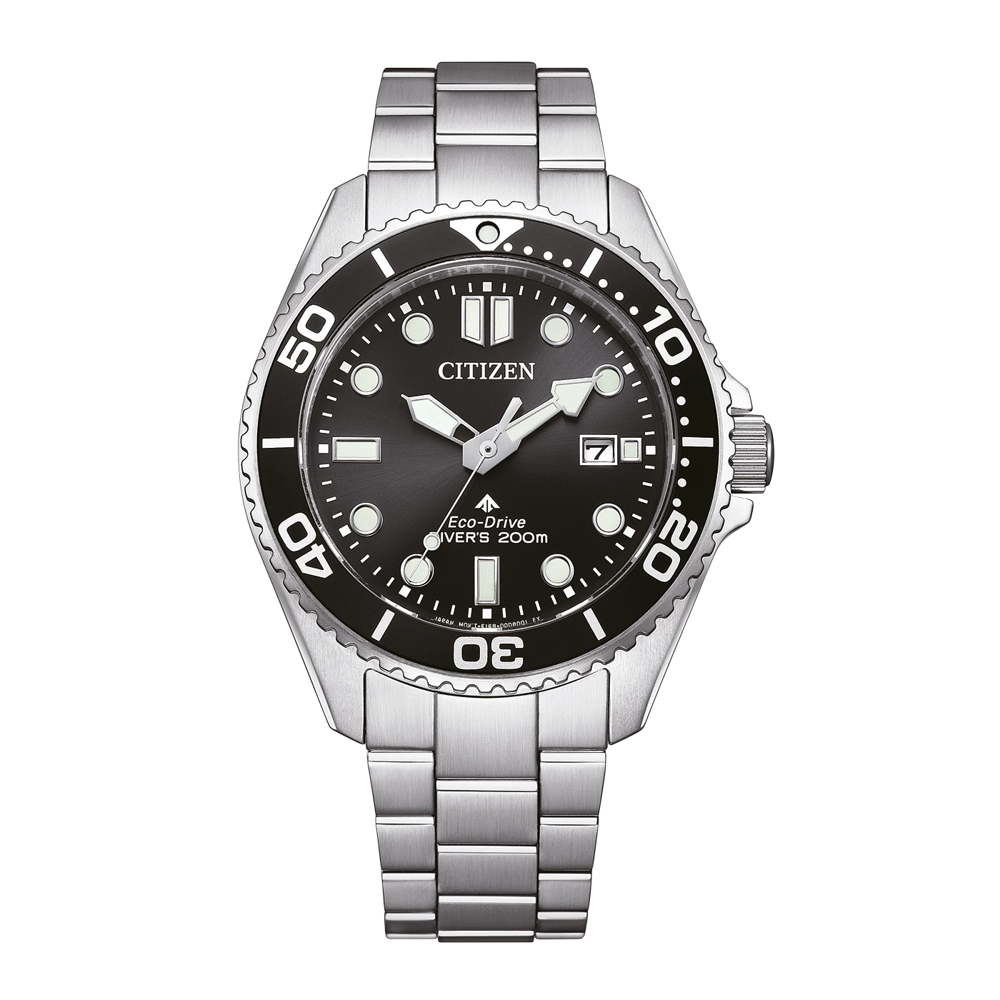 Citizen-Uhr mit schwarzem Zifferblatt, silberner Lünette und Armband, Eco-Drive, Diver's 200m