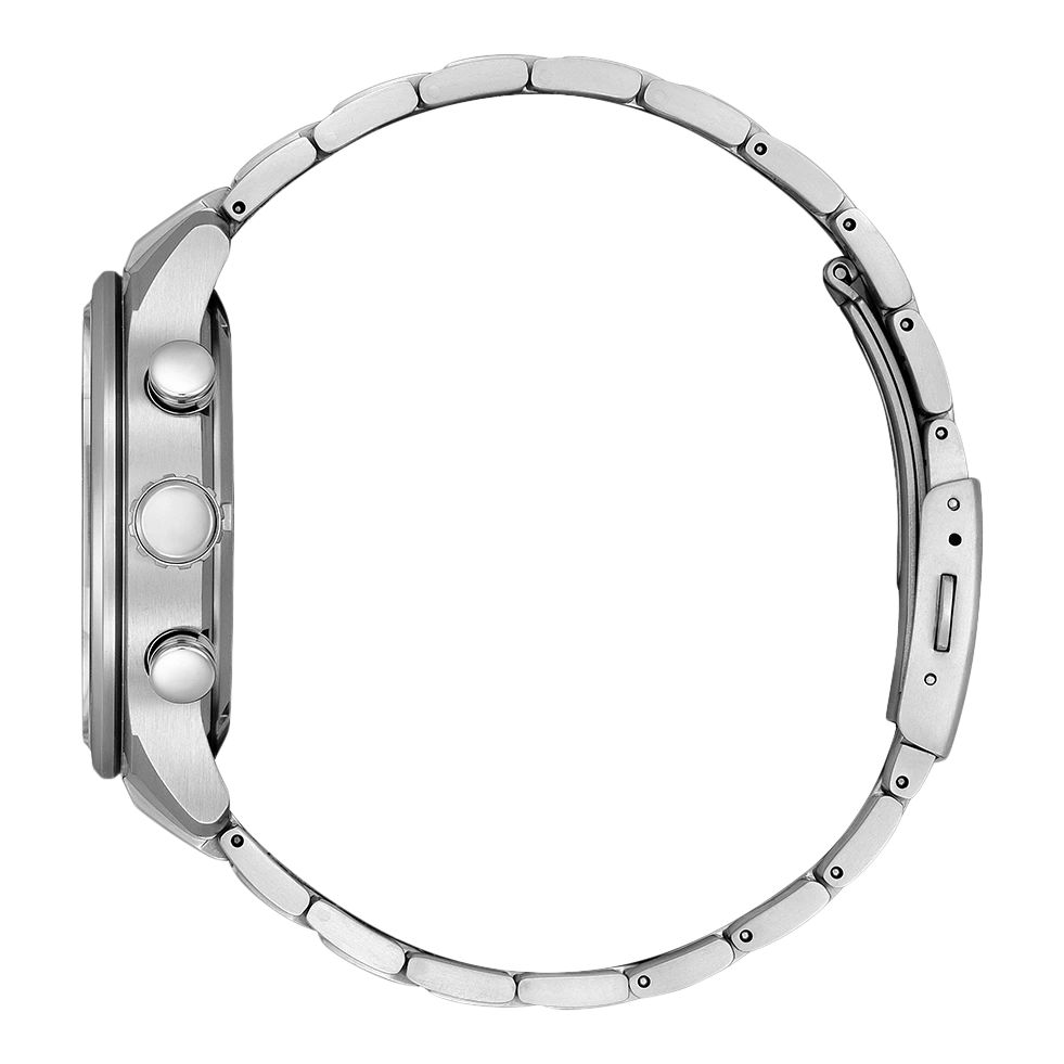 Seitenansicht einer silbernen Armbanduhr mit Metallband und Knöpfen.