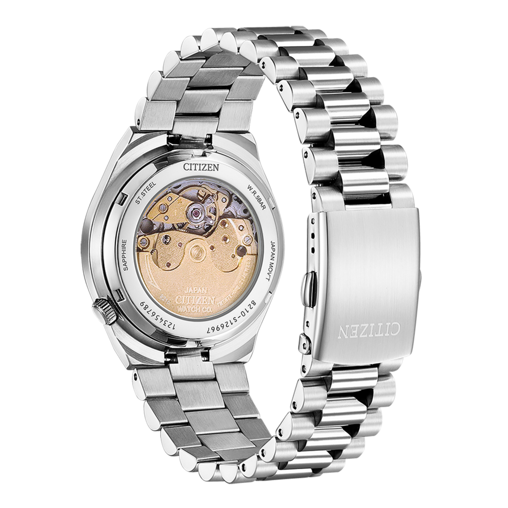 Citizen-Uhr, Rückseite, Stahl, Saphir, japanisches Uhrwerk, sichtbarer Mechanismus, Armband.
