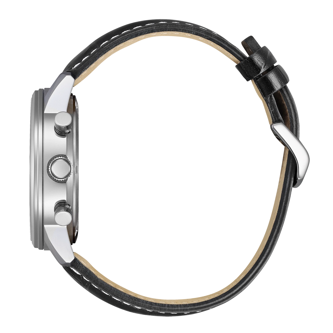 Seitenansicht einer silbernen Uhr mit schwarzem Lederarmband.