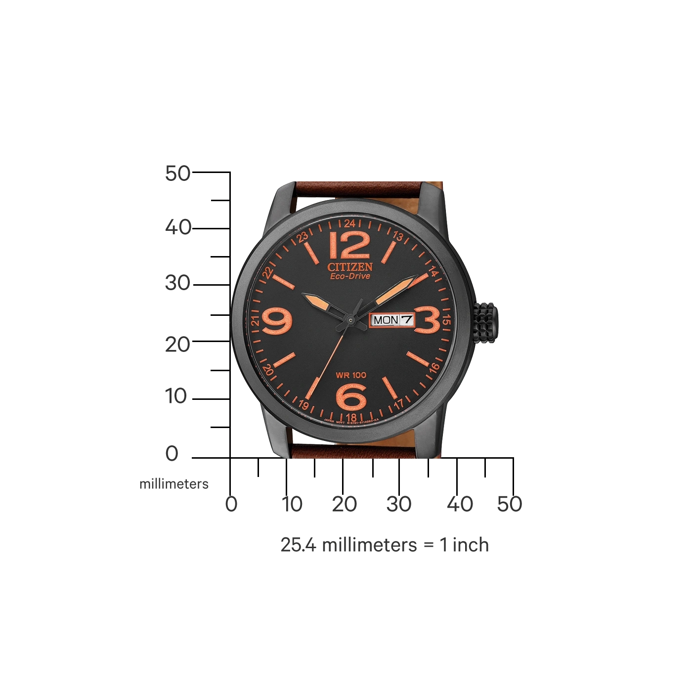 Citizen-Uhr mit schwarzem Zifferblatt, orangefarbenen Zahlen und braunem Lederarmband. WR 100.
