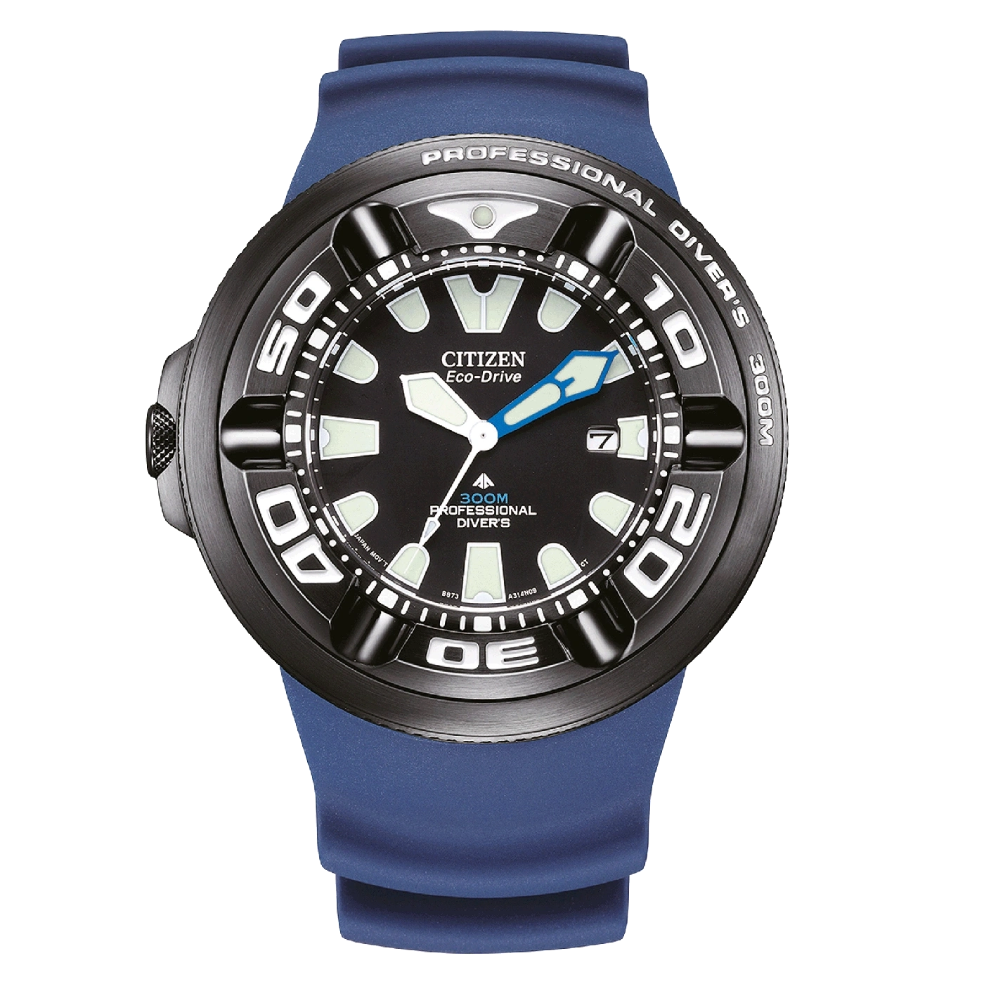 Citizen Eco-Drive Uhr mit schwarzem Zifferblatt und blauem Armband, professionelle Taucheruhr.