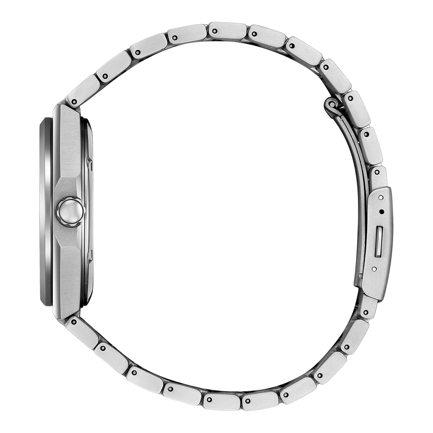 Seitenansicht einer silbernen Uhr mit Metallarmband auf schwarz-weißem Hintergrund.