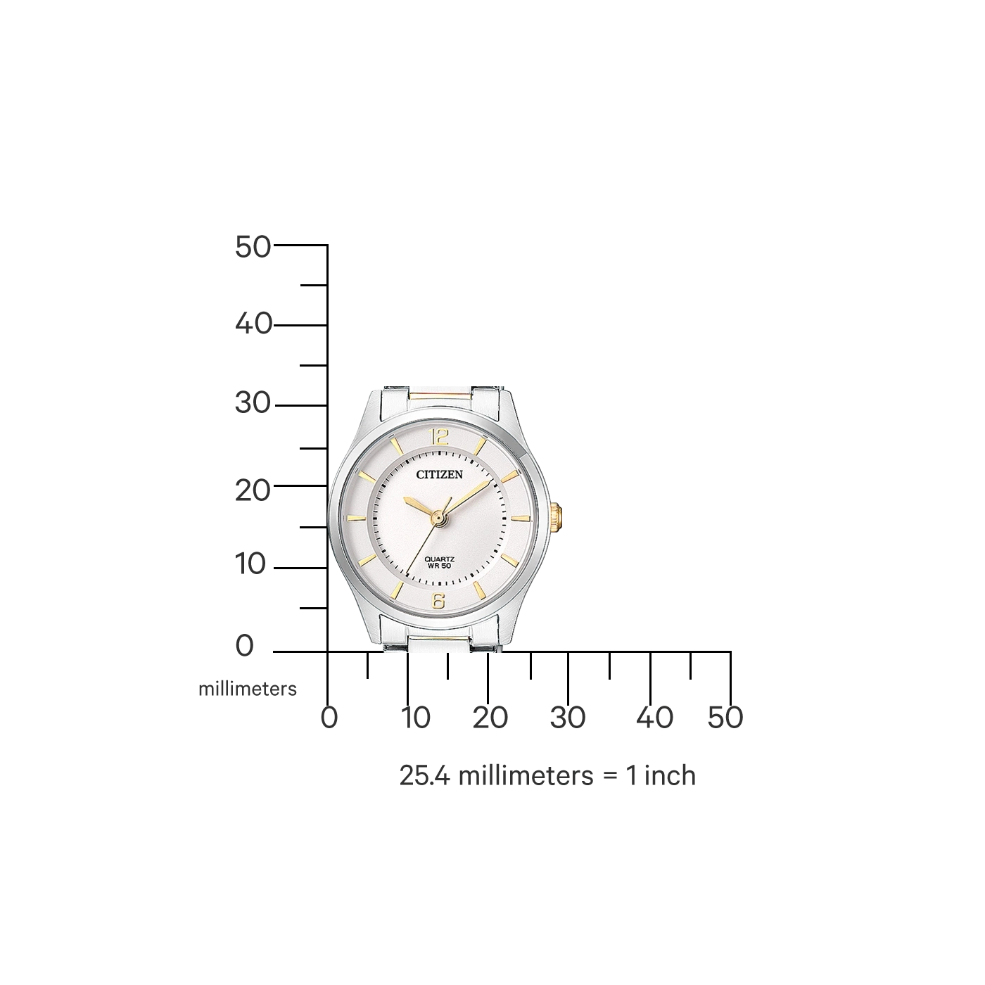 Citizen-Uhr mit weißem Zifferblatt, Silber- und Goldakzenten und Millimeterskala.