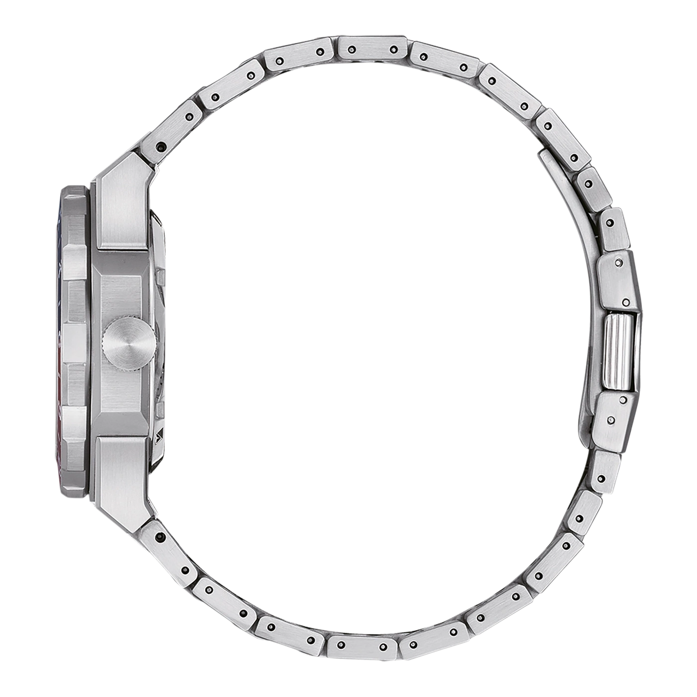 Seitenansicht einer silbernen Uhr mit Metallarmband und quadratischem Zifferblatt.