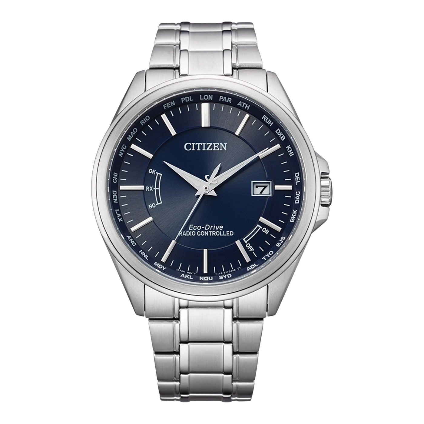 Citizen-Uhr mit blauem Zifferblatt, silbernem Armband und Weltzeitfunktionen.