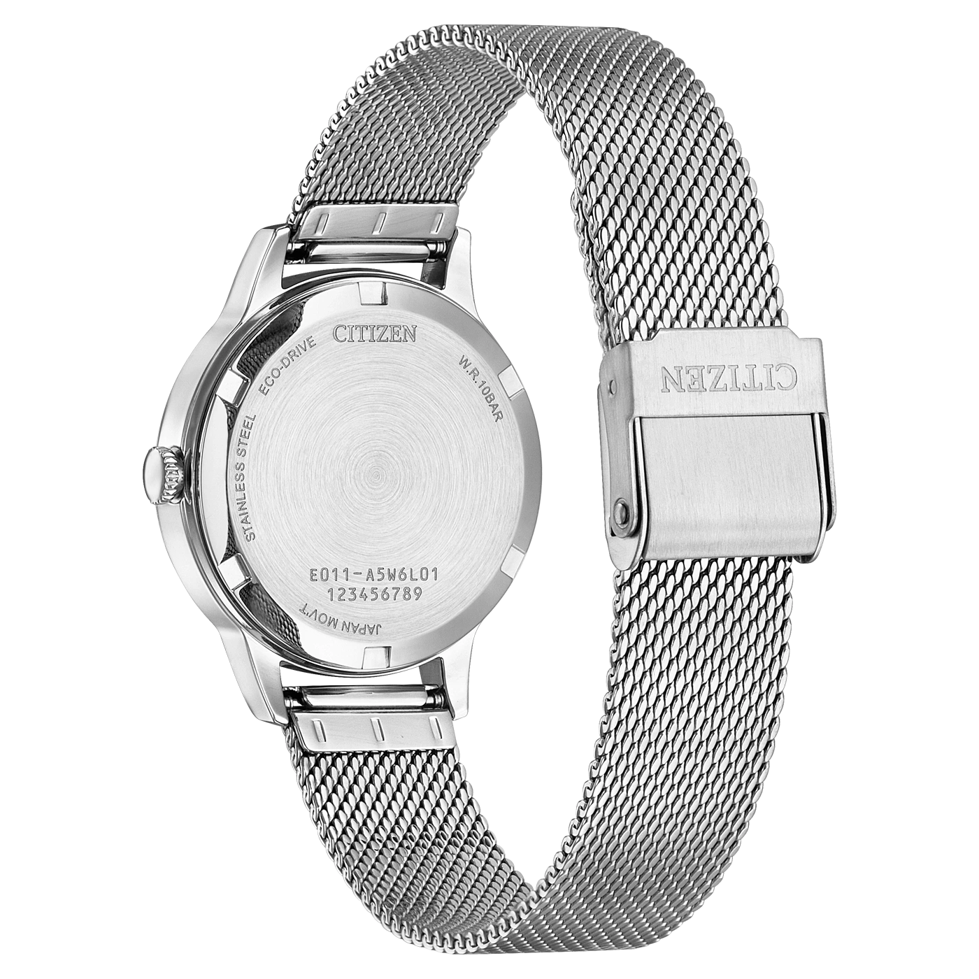 Citizen-Uhrrückseite, Edelstahl, Eco-Drive, W.R.10BAR, Japan Mov't, Modellnummer.
