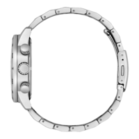 Seitenansicht einer silbernen Uhr mit Metallarmband und Knöpfen.