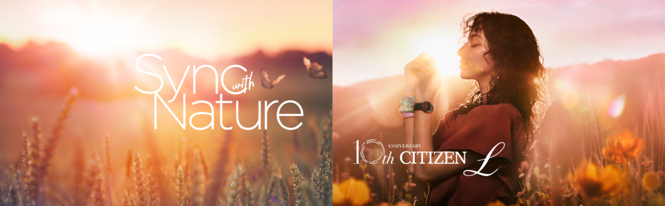 Frau im Feld mit Uhr, 'Sync with Nature' und '10th Anniversary Citizen L'