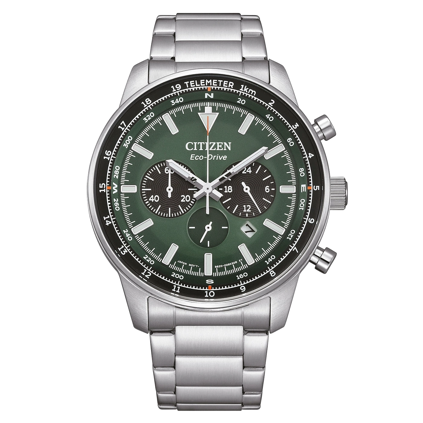 Citizen Eco-Drive Uhr mit grünem Zifferblatt und Chronographenfunktionen, Edelstahlarmband.